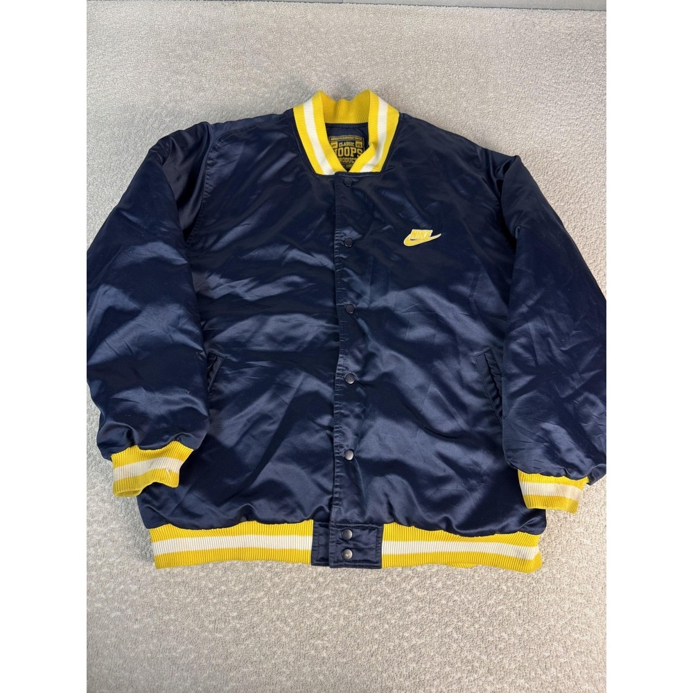 Nike Jacket Mens Large Blue Classic Hoops Satin Varsity Snap Front Bomber